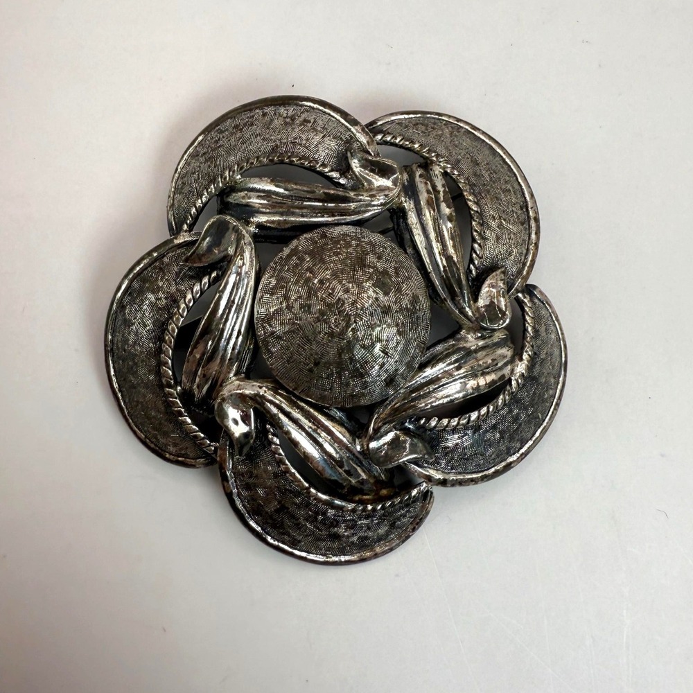 Vintage Tortolani‎ Pewter Floral Brooch – Sculptural Swirl Flower Statement Pin